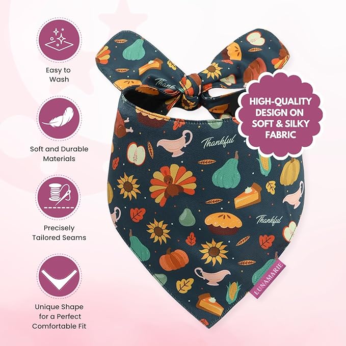 LunaMarie - Luxury Pet Birthday Bandanas -Premium & Silky Poly Fabric | 100% Handmade | Custom Shape Dual Layered (Thanksgiving, Large)