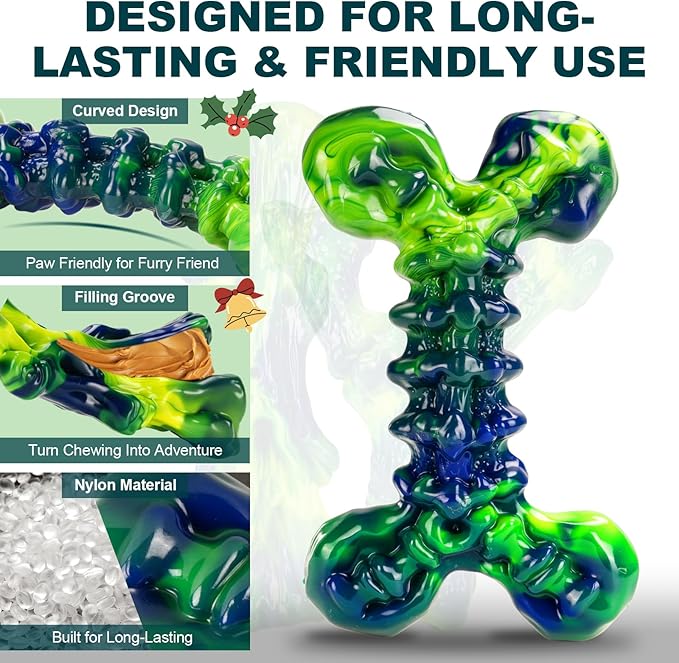 Indestructible Dog Chew Toys for Aggressive Chewers: 3-Pack Peanut Butter Flavored Tough Nylon Chew Bones for Medium & Large Dogs 25–80 lbs, Long-Lasting St. Patrick's Day Dog Gift (Green)