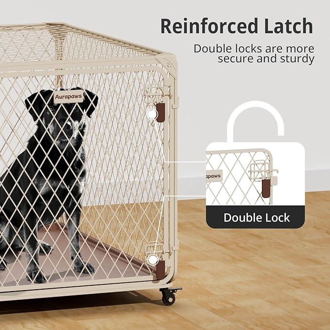 Dog Crate, 42 Inch Diamond Mesh Enhanced Dog Kennel with 4 Lockable Wheels, Leak-Proof Tray, Metal Cage Dog Crates for Large, XL Large Dogs, Pets up 200 lbs, Ideal for Indoor Outdoor Use