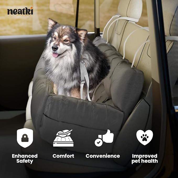 Dog Car Seat, Dog Booster Seat for Small, Medium, Large Pets Under 100 lbs, Adjustable Straps, 2 Safety Leashes, Reversible Cushion, Side Pockets, Non-Slip Bottom (Gray, Medium to Large Dogs)