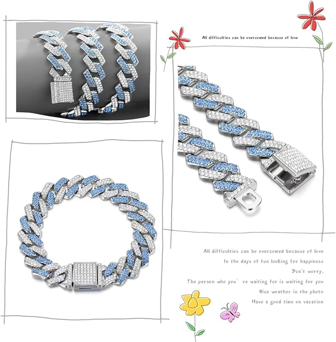 Blue Dog Chain Collar, Bling Diamond Cuban Link Dog Collars Glitter Rhinestone Cat Necklace for for Small Medium Large Pet Dogs Puppy(Blue 10inch)