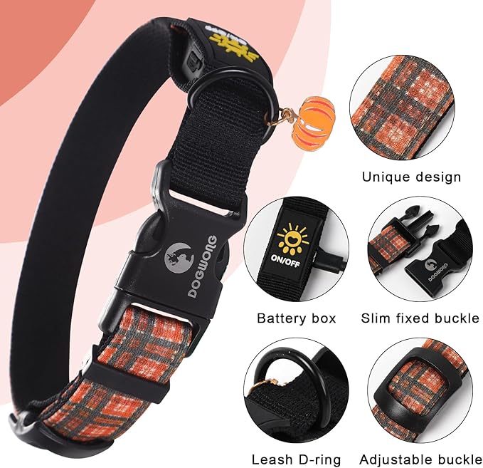DOGWONG LED Dog Collar - Fall Orange Plaid Heavy Duty Light up Dog Collars - Rechargeable Waterproof - Lighted Dog Collars for Night Walking, Hiking, Camping(Orange Plaid,L)