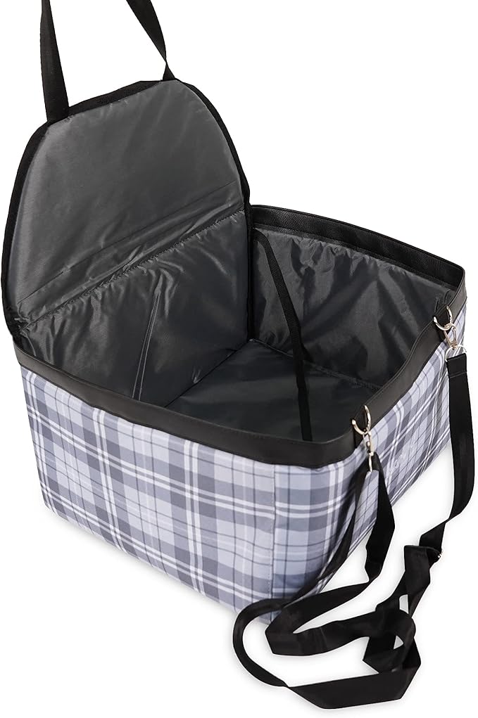 SUSSEXHOME Pets Water and Stain Proof Dog Car Seats for Small Dogs - 15.75 x 12.6 x 9.85 Inches Dog Booster Seat with Removable, Adjustable Fastening Straps - Gray-Tartan