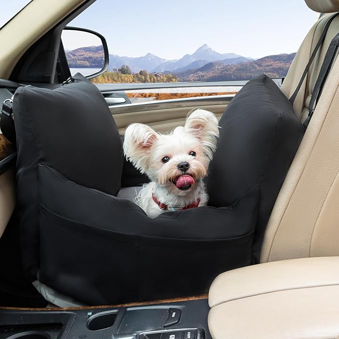 Small Dog Booster Seat - Waterproof Dog Booster Seat for Car with Storage Pockets, Clip-On Safety Leash and Thickened Memory Foam Filling, Puppy Car Seat Do Up to 25lbs, Black