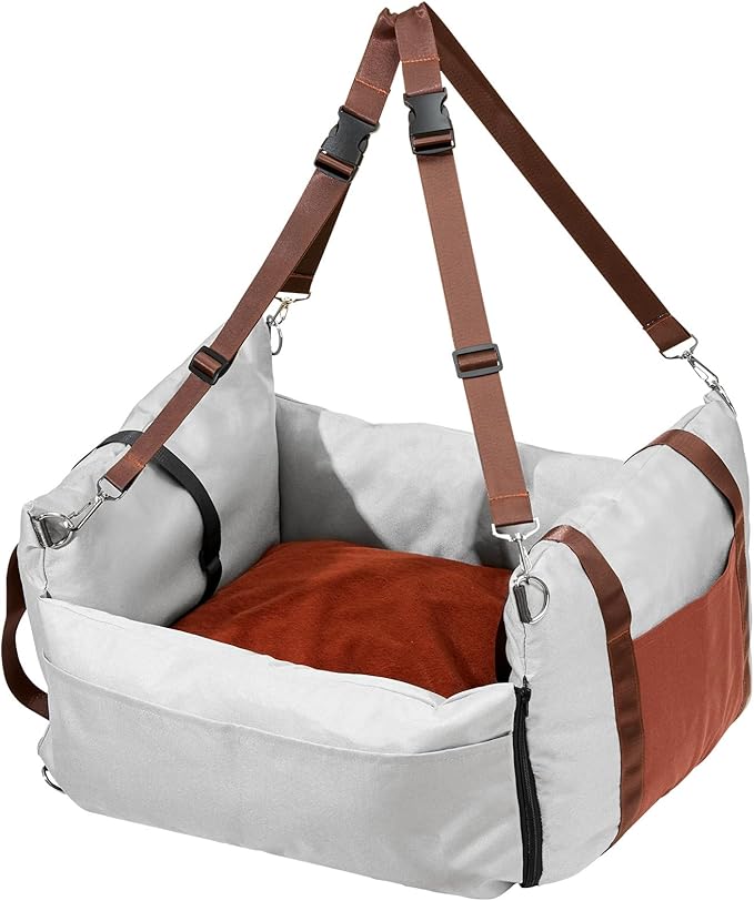 Happybuy Dog Car Seat, Waterproof Dog Booster Seat for Car with Side Handles and A Storage Pocket, Clip-On Safety Leash and PP Cotton Filling, Dog Car Bed for Small Dog up to 25lbs, Gray