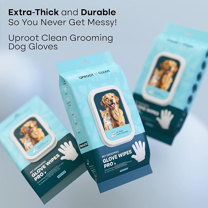 Uproot QuickClean Gloves Pro: Extra-Thick Pet Glove Wipes for Dogs & Cats - Easy Wipe Paws, Eyes, Ears, Butt, & Body - Lick-Safe for Cats & Dogs - Cleaning, Deodorizing & Grooming (20 Pack)