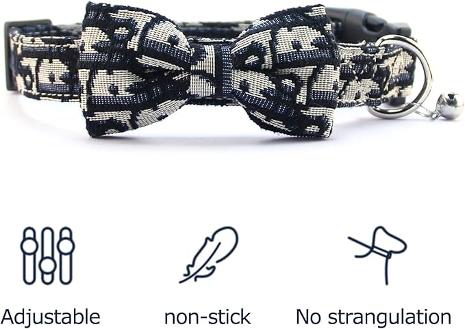 Bowtie Collars for Small Dogs, Elegant Puppy Collars with Leash Set, Tiny Dog Collars with Bowtie Adjustable 9.8"-13.8", Black, S
