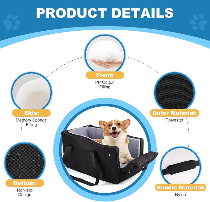 Center Console Dog Car Seat for Small Dogs Up to 12lbs, Portable Middle Console Dog Booster Car Seat with Adjustable Straps & Storage Pocket (Black)