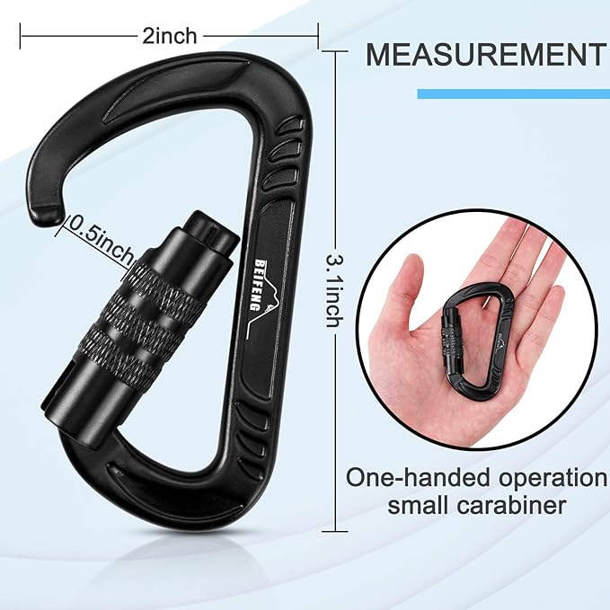 BEIFENG Heavy Duty Lightweight Locking Carabiner Clips D Ring for Camping Hiking Outdoor Gym etc, Carabiner with Lock Small Carabiners for Dog Leash & Harness