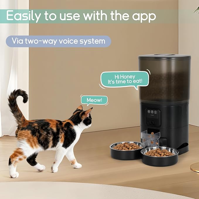 Automatic Cat Feeder with Camera, 7 Litre Dual Bowl Automatic Dog Feeder with HD Video and Night Vision, 2.4G WiFi ，SD Card Storage and Two-Way Audio