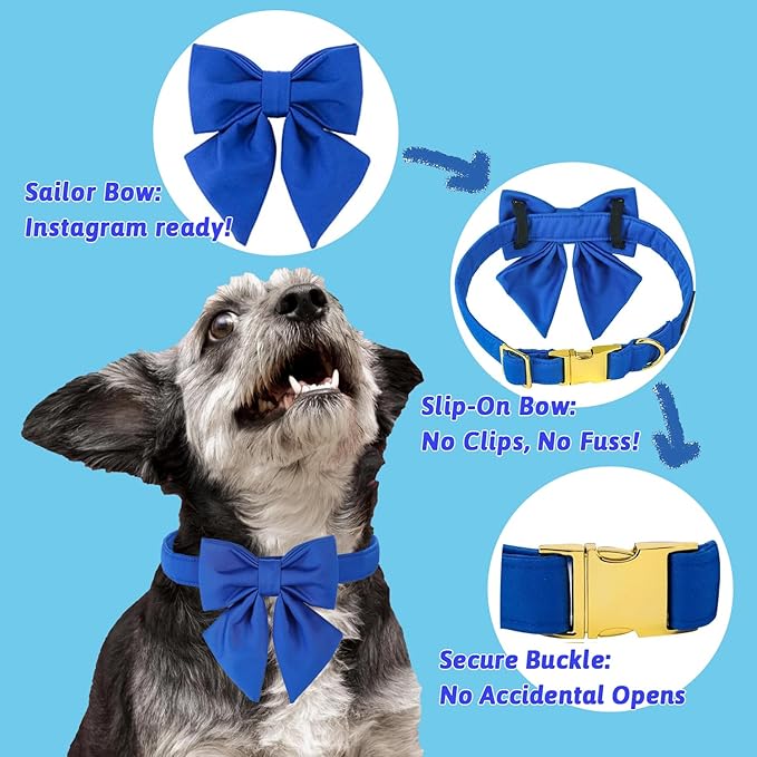 Maca Bates Klein Blue Dog Collar with Cute Solid Sailor Bow Tie for Extra Large Girl Boy Dogs,Adjustbale Durable Breakaway Soft Collars with Bowtie for Female Male Puppy,Pet with Metal Buckle