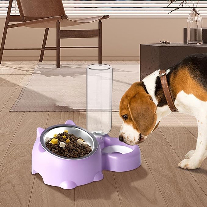 Cat Food and Water Bowl Set, Automatic Dog Dish Bowl with Water Dispenser, Removable Drinking and Eating Bowls, No-Spill Pet Feeder for Puppy, Medium Dogs & Cats (Purple)