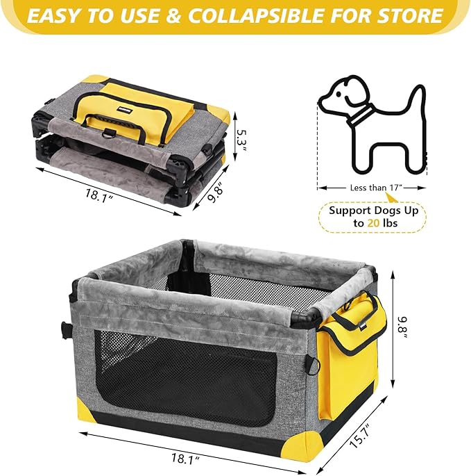 Dog Car Seat for Small Pets Up to 20 lbs, with Storage Pocket and Dual Clip-On Safety Leash, Foldable and Washable Design
