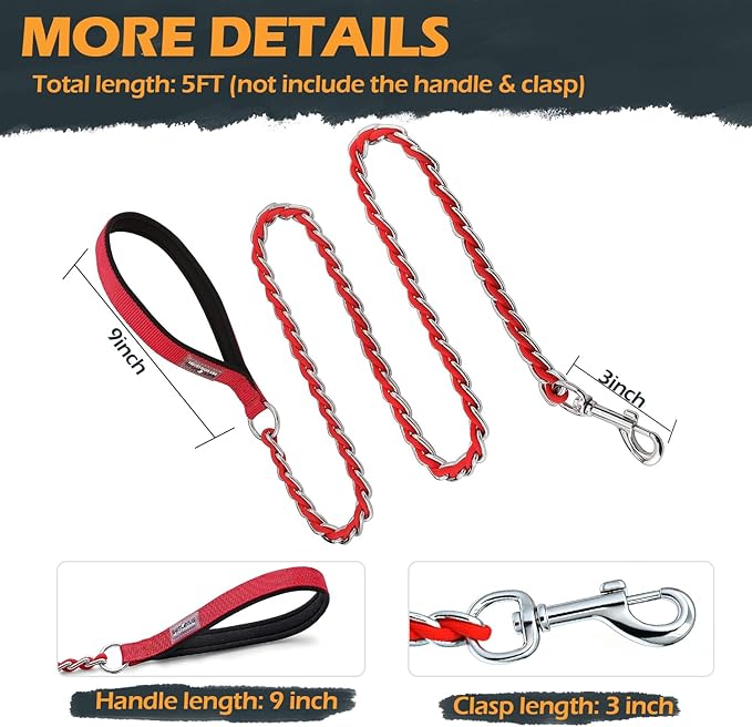 Chew Proof Metal Leash Chain Dog Leash for Medium Large Dogs, Chain Link Anti Chew 5.2FT Strong Anti Bite Comfortable Soft Padded Handle red