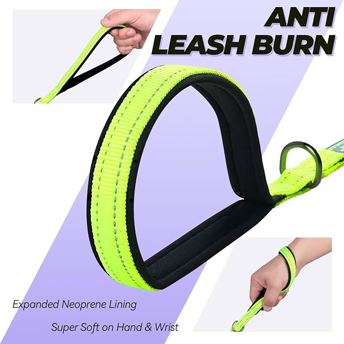 VIVAGLORY Twingrip Dog Leash, Double Handle Dog Leash for Training & Walking with Traffic Handle & 2 Loop, Traffic Control Reflective Heavy Duty for Puppy Pet, 5ft x 1/2in, Bright Yellow