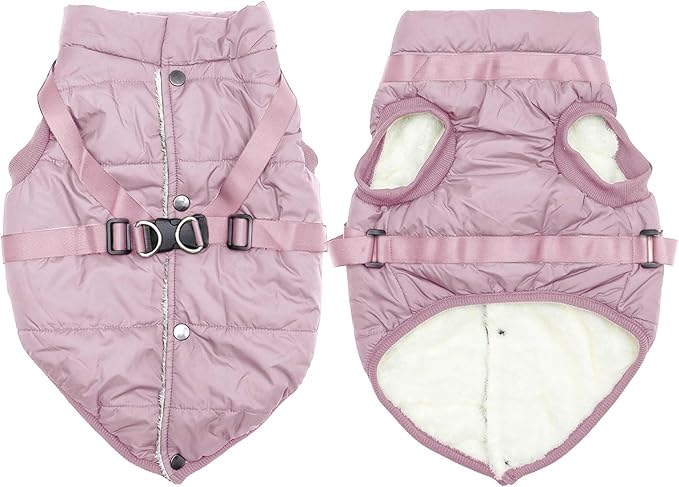 Dog Jacket with Harness,Fleece Lined Warm Puppy Coat for Winter,Soft Windproof Small Dog Vest,Light Pink XS
