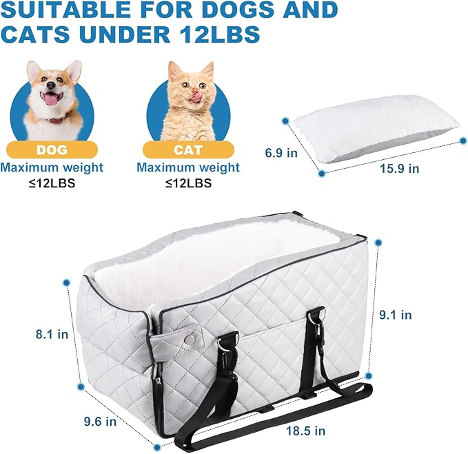 PU Center Console Dog Car Seat for Small Dogs Up to 12lbs, Portable Dogs Armrest Booster Seat with Adjustable Straps & Storage Pocket (Grey PU)