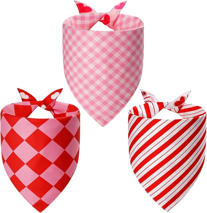 Valentines Dog Bandanas XLarge 3PCS, 6 Pattern Sweetheart Scarf for Boy and Girl, Triangle Reversible Love Bibs Breed for Puppy Pets
