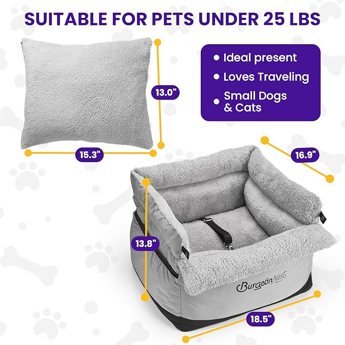 BurgeonNest Dog Car Seat for Small Dogs Under 25 lbs – Fully Detachable & Washable Pet Booster Seat with Safety Leash, Storage Pockets & Reversible Cushion, Portable Car Travel Carrier Bed, Grey