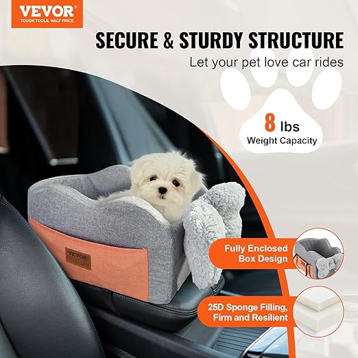 VEVOR Console Dog Car Seat, Center Console Dog Booster Seat for Small Dogs, Pet Seat for Car Armrest with Clip-On Leash, Adjustable Straps, Supports up to 8lbs, Dark Gray