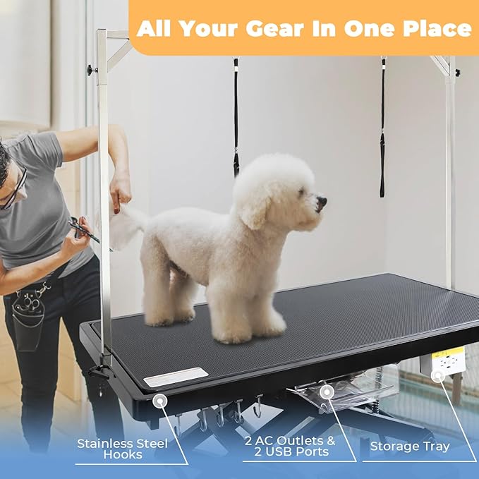 Electric Pet Dog Grooming Table, 50" Heavy Duty Grooming Table Professional Double X-Lift for Large Dogs Adjustable Height: 12"-45.8" Non-slip, AC Outlets, Storage Tray, 2 Nooses, Black