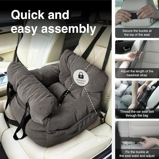 Pet Car Booster Seat, Soft Corduroy, Small Dog Cat Carrier with Safety Straps, Storage Pockets, 18x16x9 Inch, for Pets Under 25 lbs (Dark Brown)