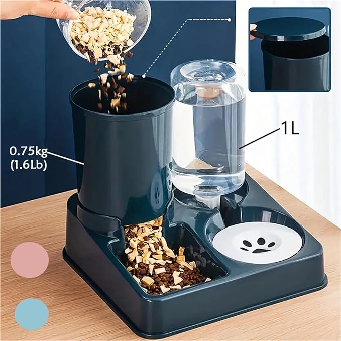 Automatic Cat Feeder and Water Feeder Set - 2 in 1 Tilted Stress Pet Food and Water Feeder for Cats and Small Dogs(Green)
