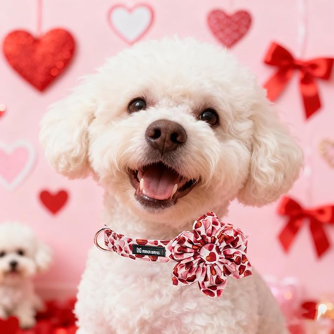 Maca Bates Valentine's Day Dog Collar with Floral Bow for Large Girl Boy Dogs,Red Love Hearts Pattern,Adjustable Durable Soft Valentine Gift for Female Male Puppy