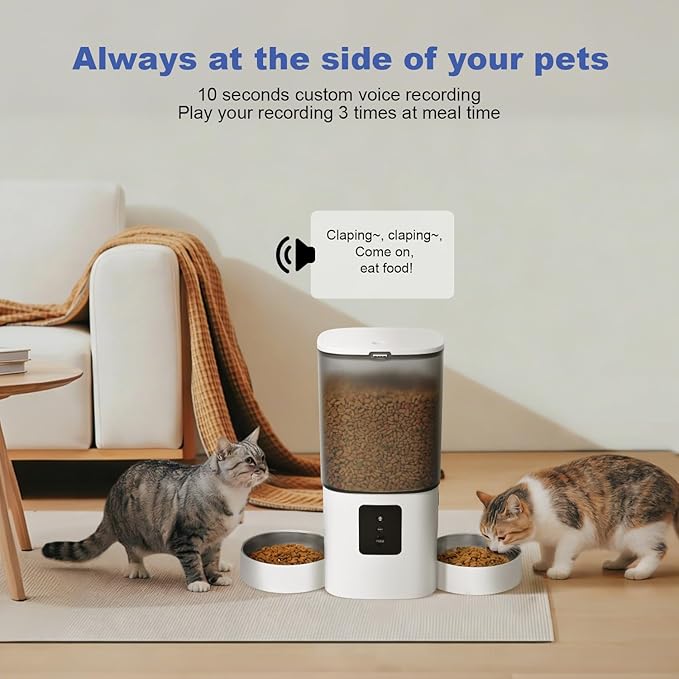2.4G/5G WiFi Automatic Cat Feeder, 6L Food Dispenser with 10s Voice Recorder, Double Bowls Pet Feeder up to 10 Meals per Day, Timed Cat Feeder with Dry Food Sealed Ring