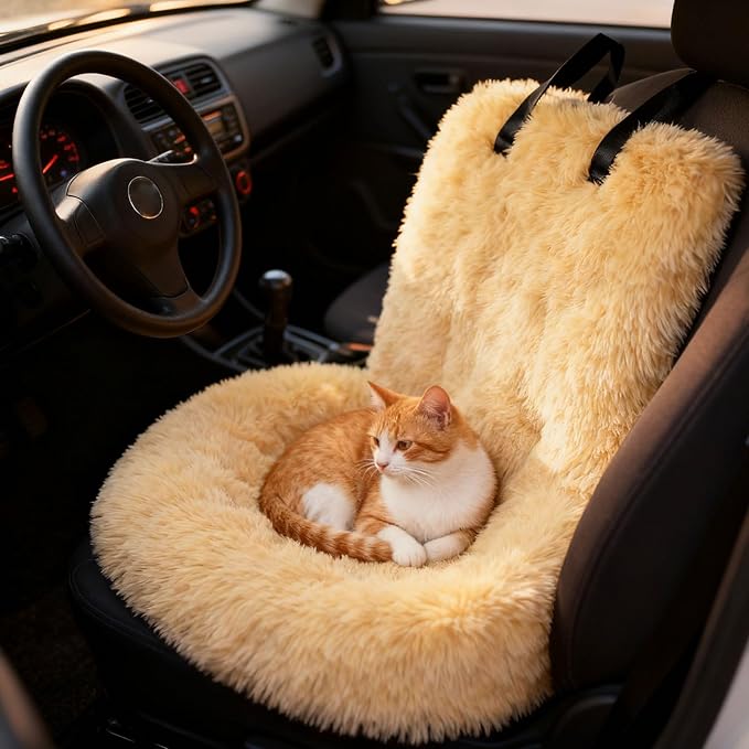 Generic Dog Car Seat for Dogs,Fluffy Pet Seat with Detachable Washable Cushion, Portable Travel-Safe Bed for Cars with Safety Belts (Orange, 72X60cm)