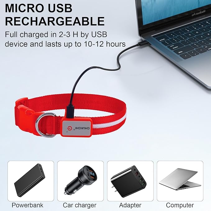 CHUKCHI LED Dog Collar Rechargeable,Waterproof Flashing Collar,Light Up Glow Collar, Adjustable Soft Safety Light Up for Small Medium Large Dogs Walking Camping at Night (Red-S)