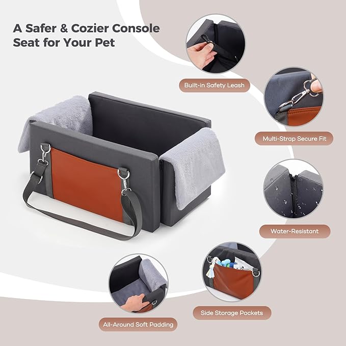 Avont Dog Car Seat for Small Dogs, Anti-Anxiety Center Console Booster Seat with Safety Straps, Soft Padded Travel Seat for Small Dogs & Cats up to 8 lbs -Dark Grey