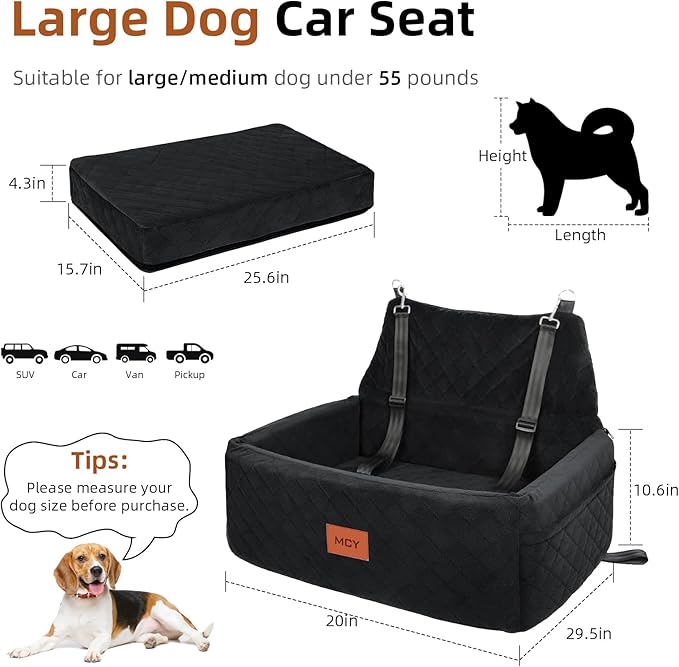 MCY Dog Car Seat for Large Medium Dogs, Dog Booster Seat with Thick Cushion, Portable Washable Pet Under 55 lbs, 2 Safety Leashes Travel Car Bed, Suitable for Home and Outdoor, Black