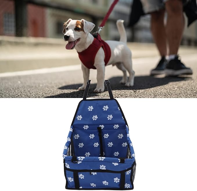 Pet Car Seat with Safety Leash, Dog Car Basket for Puppy Cat, Breathable Slip Proof Design, Portable Pet Travel Carrier with Adjustable Straps for Most Vehicles (Blue)