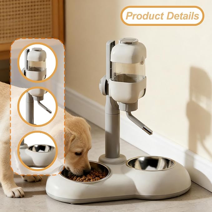 Pet Standing Water Dispenser Dog Bowl 2 in 1 Adjustable Height Pet Feeder Waterer with Two Steel Bowl for Ferrets Kittens Cat, Brown