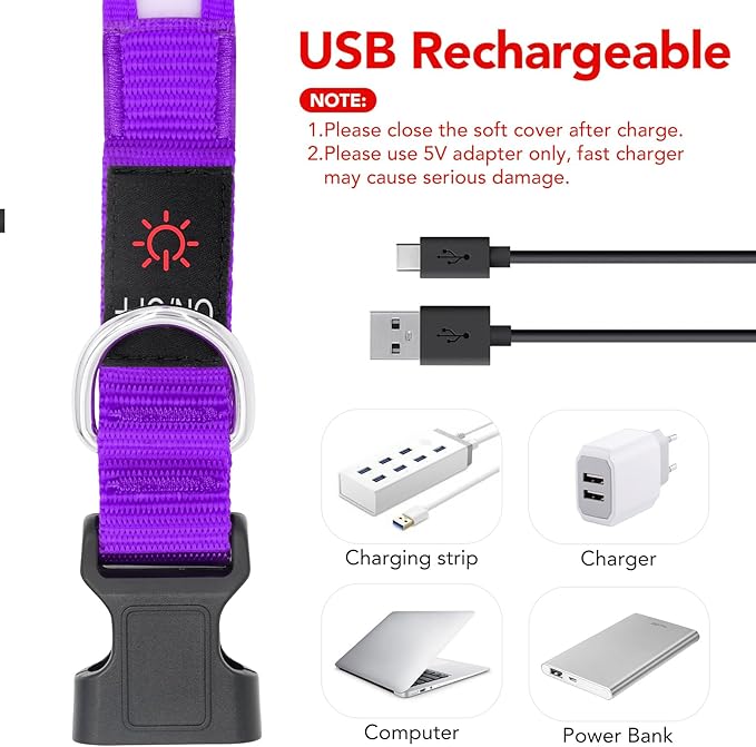 VIZPET LED Dog Collar, Light Up Dog Collar Adjustable USB Rechargeable Super Bright Safety Light Glowing Collars for Dogs (Purple, Medium[14.96-19.68 inch/38-50cm])
