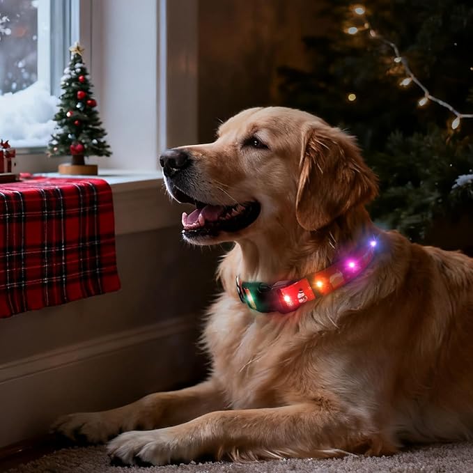 Christmas Light Up Dog Collar, LED Dog Collar Glow in The Dark - USBC Rechargeable, Adorable X-mas Pattern Christmas Collar for Medium to Large Dogs - Comfortable & Cute Xmas Dog Collars, Xmas L