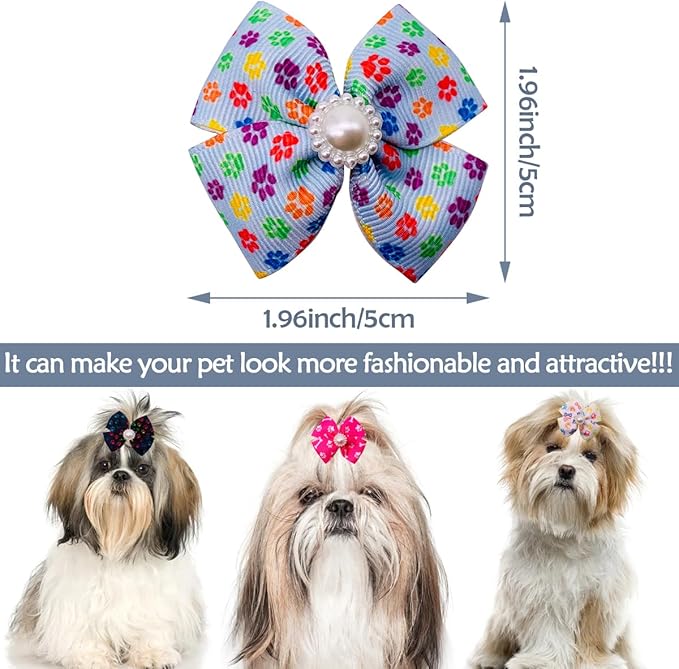 PET SHOW 20pcs Dog Hair Bows with Alligator Clips for Small Medium Dogs Bowknot Hair Clips Cat Puppy Yorkshire Grooming Hair Accessories Assorted (Paw Bone Printed)
