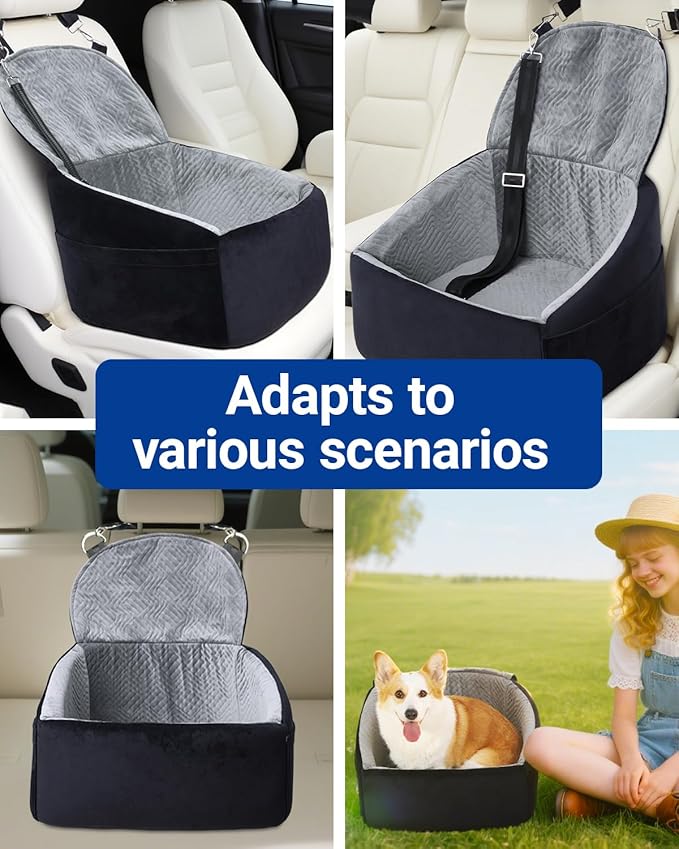 Dog Car Seat for Small Dogs, Dog Booster Seat with Extendable Backrest, Pet Car Seats up to 30 lbs, Washable Removable Cover Travel Bed with Storage Pockets and 2 Safety Leashes, Black&Grey