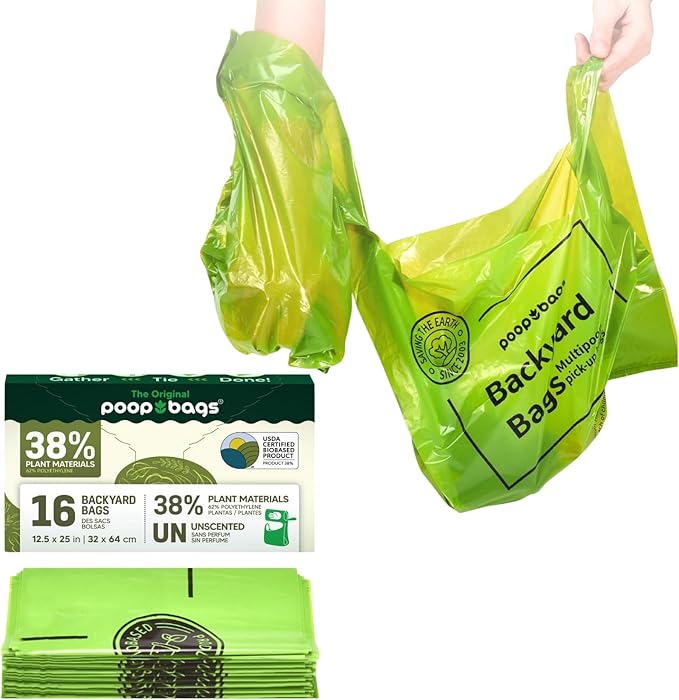 The Original Poop Bags® Backyard Arm-Slot Poop Bags – 38% Plant-Based Dog Waste Bags – Extra-Large 12x24" Bags with Built-In Arm Slot for Backyard Cleanups – Unscented (16 Count)