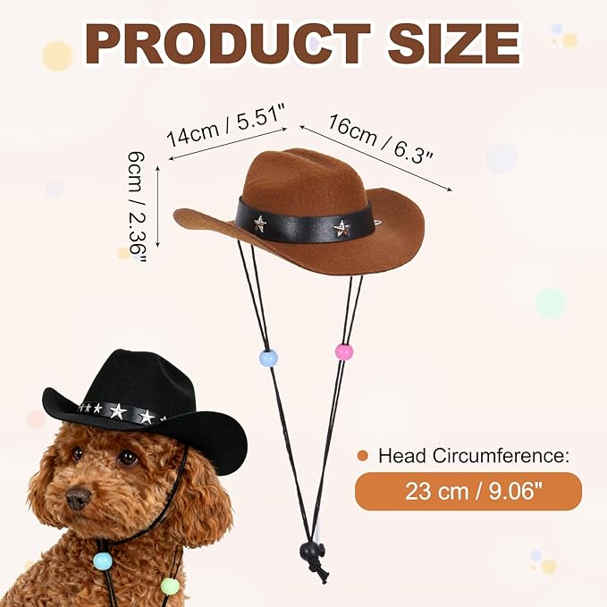 Dog Cowboy Hat, Mini Cowboy Hat for Pet with Chin Strap Adjustable Cosplay Cap Star Decor, (Brown, M), Intended for Dogs and Cats/Halloween Costume/Party Decoration