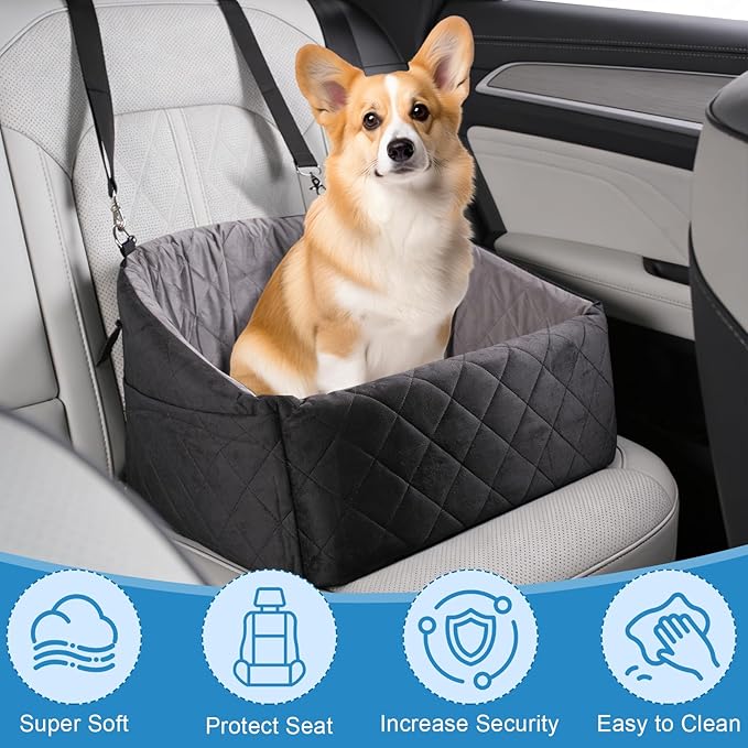 Dog Car Seat for Small & Medium Dogs up to 35 lbs, Pet Booster Seat with Removable Washable Cover, Soft Plush, Safety Leash, Non-Slip Bottom