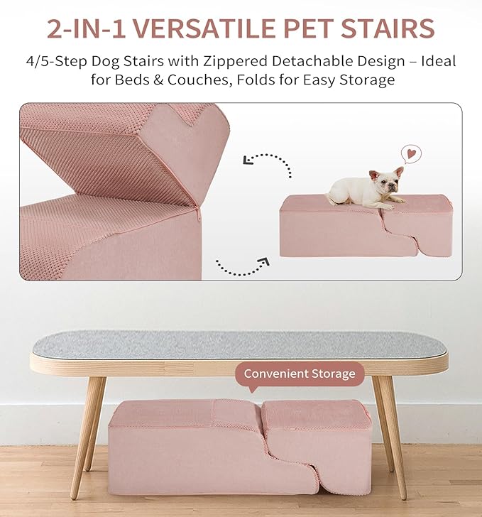 Made4Pets Dog Stairs Ramp for Bed 19.7" H, 4-Step Dog Steps for High Bed Couch Sofa Climbing, 35D Foam Pet Steps for Small Dogs and Cats, Non-Slip Bottom Pet Stairs, Pink