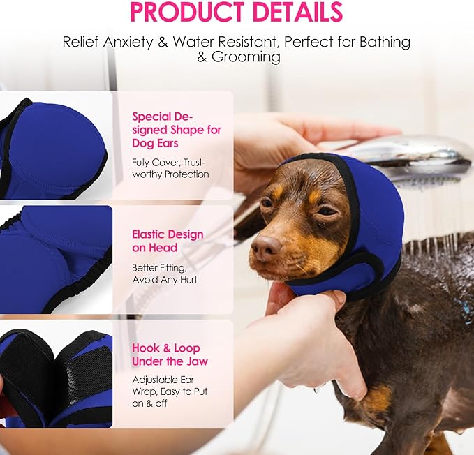 KOESON Dog Calming Hoodie - No Shake Ear Wraps for Dogs, Anxiety Relief & Noise Protection, Water Resistant Pet Ear Cover Muffs for Firework, Grooming, Thunderstorms, Swimming, Bathing, Royal Blue L