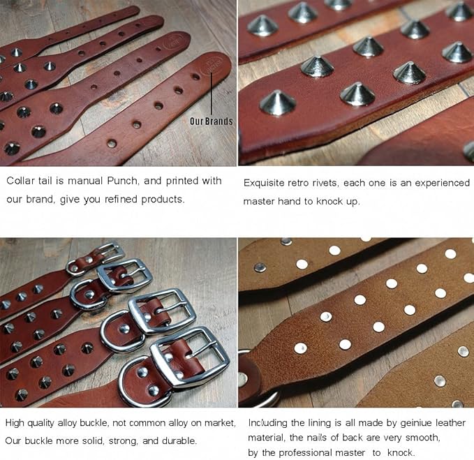 Pug Dog Collar Leather Adjustable Spikes Pet Collar for Small Medium Large Dogs Black Brown Bull Dog coleira