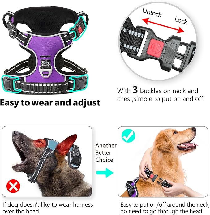 Timos Dog Harness Medium Sized, No Pull with Neck Lockable Snap,No Choke Front Clip Dog Reflective Harness,Adjustable Metal Rings 3 Buckles,Easy Control Handle for Medium Dogs Purple M