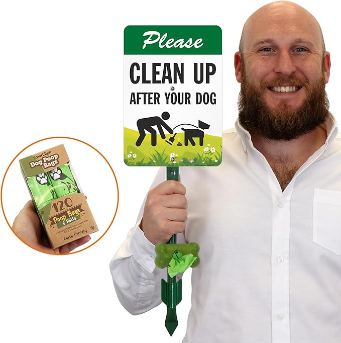 SmartSign Please Clean Up After Your Dog Yard Sign & Clip-On Preloaded Dispenser Combo/Kit with 135 Dog Poop Waste Bags, 7"x10" Rust-proof Aluminum Sign with 18-inch Steel Stake