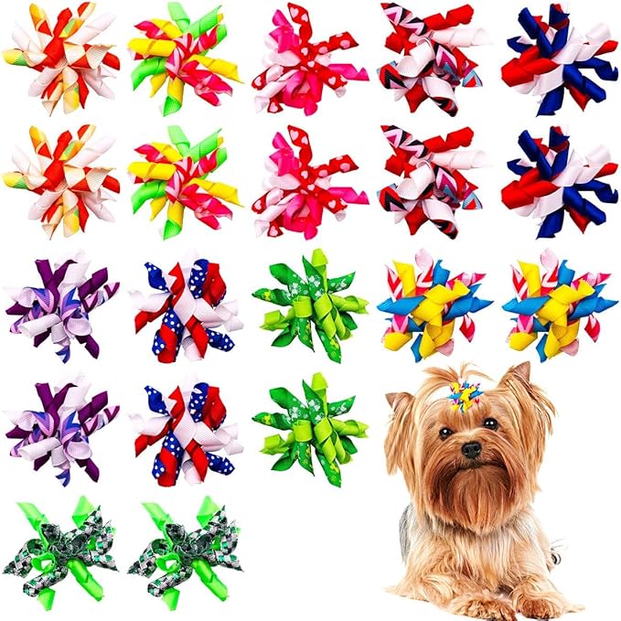 PET SHOW 20pcs/10pairs Curly Dog Hair Bows with Rubber Bands for Small Medium Dogs Spiral Puppy Swirl Topknot Cat Festival Hair Accessories Pet Favor Gift (Holiday Assorted)