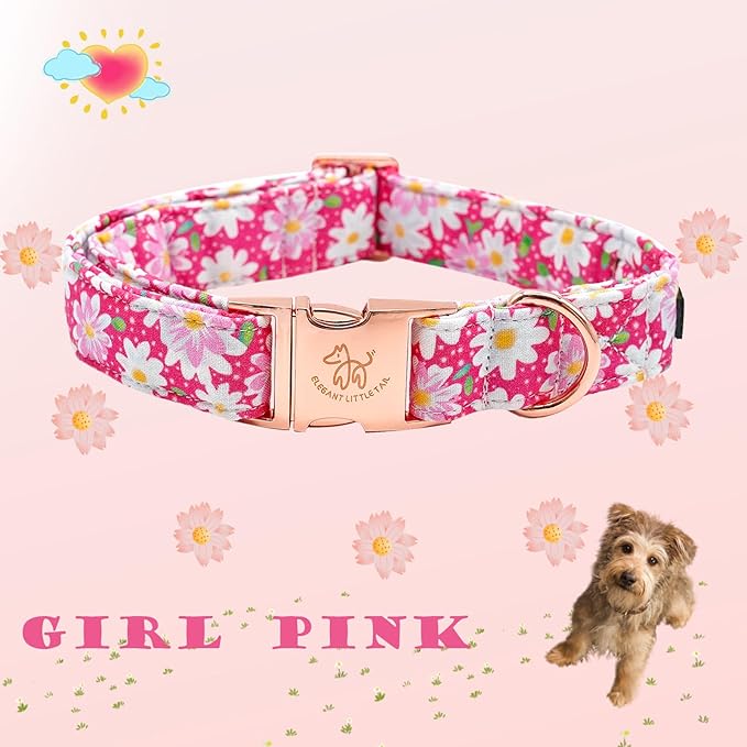 Elegant little tail Dog Collar, Pink Floral Pattern Pet Collar Durable Cute Dog Collars Summer Female Pet Gift Adjustable Dog Collar for Medium Dogs