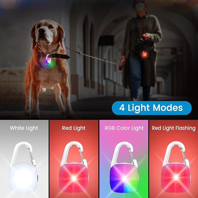 Dog Collar Light, 2 Pack Rechargeable Dog Light Clip On, 80LM Brightness 4 Color Modes Dogs Lights for Night Walking, Waterproof Pet Camping Essentials for Running, Cycling, Hiking (White)